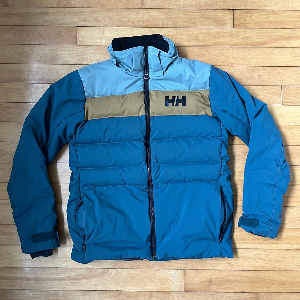 Helly Hansen Mens Colorblock Puffer Jacket Blue Tan Insulated Zip Up Coat Small
